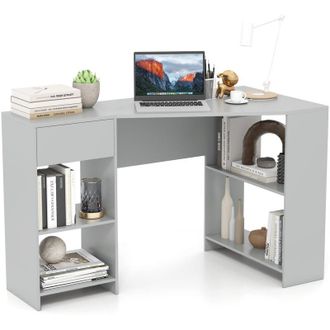 Costway L-Shaped Computer Desk Compact Corner Executive Desk w/Storage-Grey