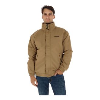 Timberland Jassen, Heren, Beige, M, Leer, Rechte Hooded Jacket met Hoge Kraag
