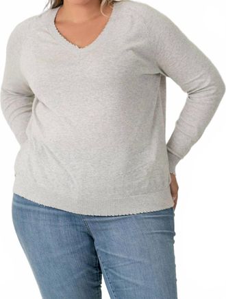 Minnie Rose Cotton Cashmere Distressed Long Lseeve V-Neck Sweater - Plus In Light Heather Grey