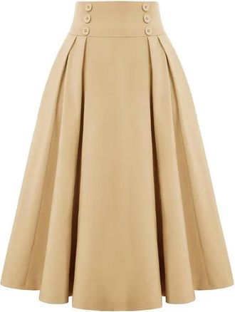 Generic Womens Checked midi Skirt, high Waist Pleated Skirt with Pockets, Elegant Flared Skirt, Elastic Waist-Khaki-XL