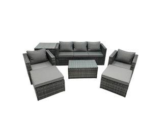 Fimous 7-seater Patio Coffee Table Sofa Set with Side Table 2 Big Footstools in Dark Grey