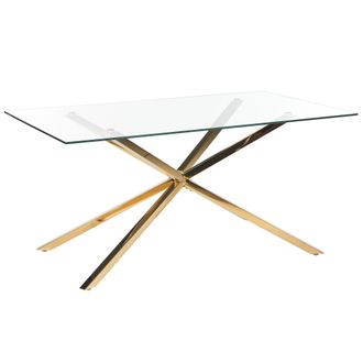 Beliani Mesa De Comedor Rectangular 160 X 90 Cm Tablero De Vidrio Templado Transparente Patas Doradas Cora