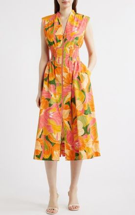 Vince Camuto Abstract Floral Cotton Midi Dress in Orange/Pink Multi at Nordstrom, Size 16