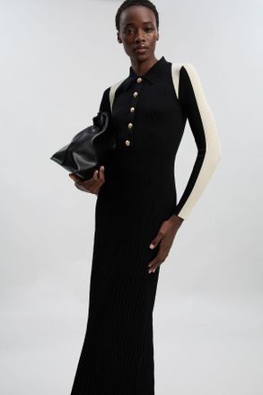 Karen Millen Womens Rib Knit Military Colour Block Midi Dress - Black Polyamide - Size X-Small