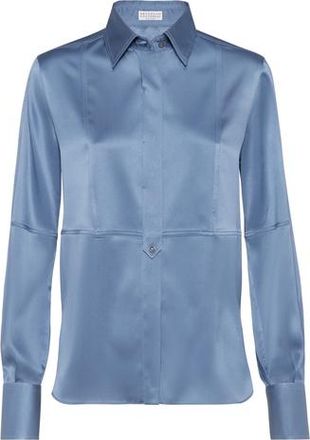 Brunello Cucinelli Satin shirt in Oxford Blue at Nordstrom, Size Xx-Small Eu