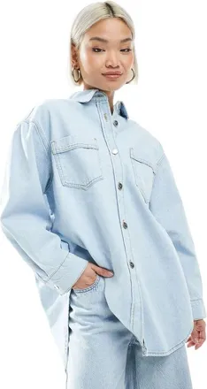 Miss Selfridge oversized button-up denim tunic in bleach wash-No color