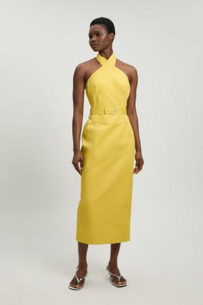 Karen Millen Womens Tailored Cotton Sateen Pencil Belted Midi Dress - Yellow