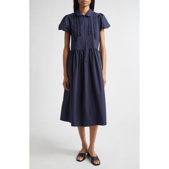 Sandy Liang Ensemble Ruffle Cotton Poplin Midi Dress in Navy at Nordstrom, Size X-Small