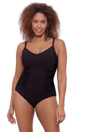 Aqua Green Princess Seam V-Neck Side Shirred Adjustable One-Piece Swimsuit in Black at Nordstrom, Size Medium
