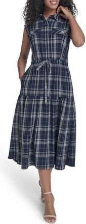 Calvin Klein Plaid Sleeveless Tiered Midi Dress in Indigo/White at Nordstrom Rack, Size 14