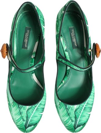 Dolce & Gabbana Womens Green Silk Mary Janes Leaf Sandals Shoes Se+vi