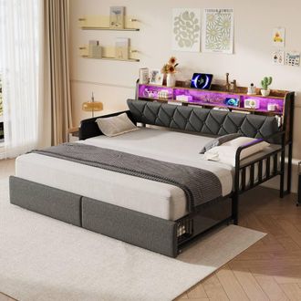 Merax 3ft Single Daybed with Pull-out Trundle, LED & Charging Station in Grey