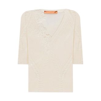 Ermanno Scervino V-neck Knitwear, female, Beige, Size: S Short Sleeved Sweater