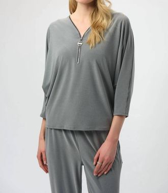 Joseph Ribkoff Zipped V-Neck Long Sleeve Boxy Top In Grey Melange