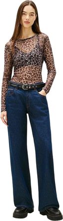 Tommy Jeans Dames-T-shirt met lange mouwen van mesh met luipaardprint (Bruin/Beige)