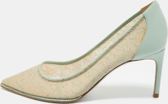 Rene Caovilla Ren&eacute; Caovilla Blue/beige Lace And Leather Pointed Toe Pumps