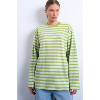 Topshop Skater Stripe Oversize Long Sleeve Cotton T-Shirt in Mint Green at Nordstrom, Size X-Small