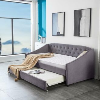 Kosy Koala Daybed Velvet Sofa Bed With Underbed Trundle With 2 Mattresses in Grey | Size: Single