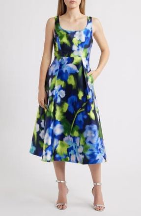 Julia Jordan Print Pleated Sleeveless Midi Dress in Navy Multi at Nordstrom Rack, Size 10