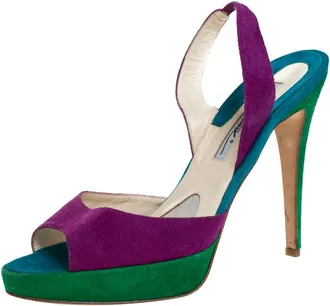 Brian Atwood Multicolor Suede Peep Toe Slingback Platform Sandals