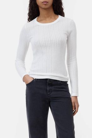 Closed Ribbed Cotton Long Sleeve Crewneck Top In Ivory