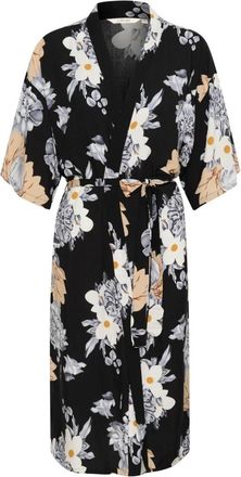 Cream Grijze en Stoffige Roze Bloemen Kimono - Dames - Casual kleedjes - Zwart - ONE Size - Kleedjes