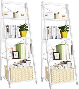 Costway Costway - Set De 2 Estanter&iacute;a Escalera De 4 Niveles 5046143cm Estante De Esquina De Madera Para Libro Flor Planta Decoraci&oacute;n Sala Blanco