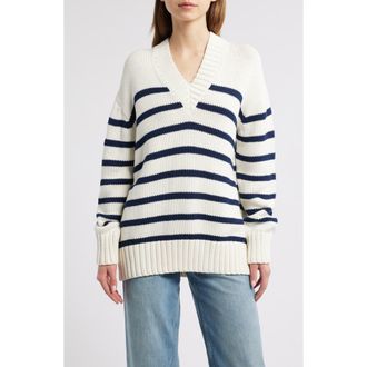 Rails Penny Stripe V-Neck Cotton Sweater in Ivory Navy Stripe at Nordstrom Rack, Size X-Small