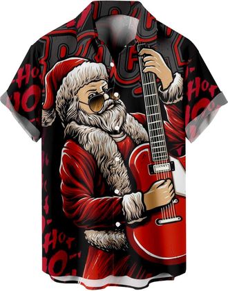 Generic Mens Christmas Shirts Funky 3D Printed Shirts Short Sleeve Button Down Shirts Retro 80s Xmas Party Theme Santa Shirt Beachwear Tee Christmas Outfit fo