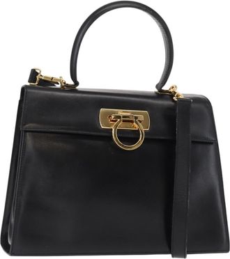 Ferragamo Convertible Top Handle Bag Leather Black Leather Handbag (Pre-Owned)