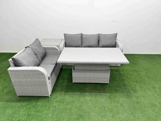 Fimous 5 Seater PE Rattan Wicker Garden Furniture Patio Conservatory Sofa Set w/ Adjustable Lifting Dining or Coffee Table 3 Seater Sofa Love Sofa