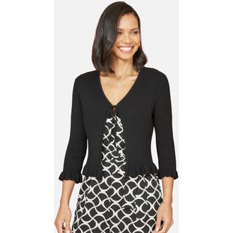 Yumi Tie Front Frilled Hem Ribbed Cardigan in Black at Nordstrom, Size Medium