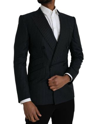 Dolce & Gabbana Mens Black Stripe Sicilia Double Breasted Coat Blazer Virgin Wool Silk Clothing