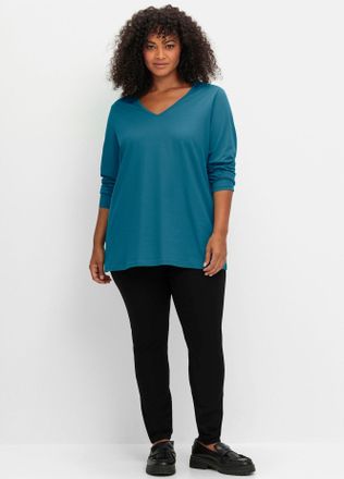 Sheego V-Shirt SHEEGO Langarmshirt, Damen, Gr. 44/46, topas, 100% Baumwolle, unifarben, V-Ausschnitt, Shirts V-Shirt
