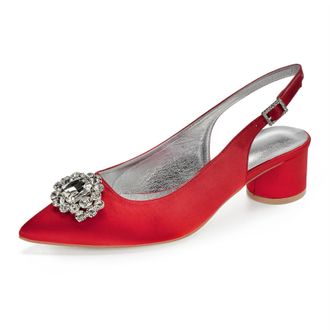 Generic Slingback Wedding Heels Womens Bridal Pointed Toe Chunky Heels Prom Evening Formal Party Pumps Shoes 4.5Cm,red,2 UK
