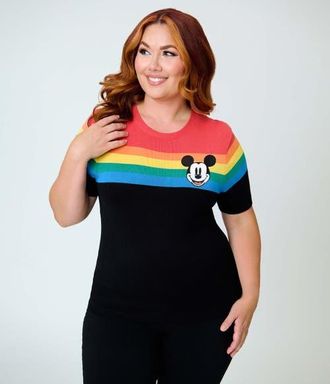 Unique Vintage Plus Size Patterned Short Sleeve Sweater in Black Rainbow Mickey at Nordstrom, Size 4X