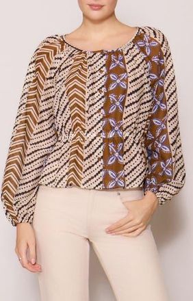 Melloday Long Sleeve Button Front Peplum Top in Brown Blue Print at Nordstrom Rack, Size X-Small