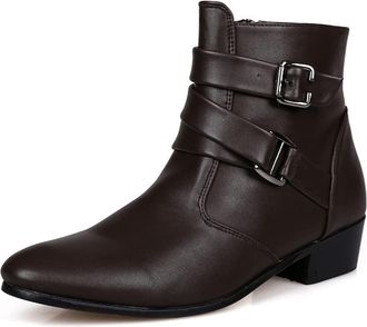 Generic Mens Chelsea Ankle Boots Duble Buckle Side Zip PU Slip On Non Slip Wearable Waterproof Anti-slip Dress Work Pull On(Brown,10.5 UK)