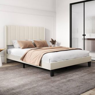 Levede Double Bed Frame Metal & Wood Plush Upholstered Mattress Base in Beige