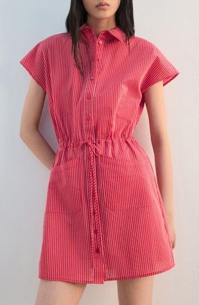 Mango Stripe Tie Waist Shirtdress in Red at Nordstrom, Size 10