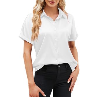 Generic Ladies Polo Shirts Satin Button Down Shirts for Women V Neck Silk Dressy Casual Short Sleeve Blouse Ladies Elegant Solid Business Office Work Tunic To