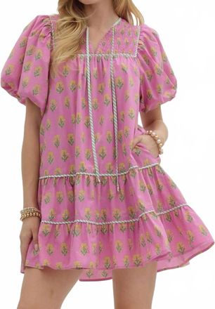 Entro Floral Print Split Neck Dress In Pink