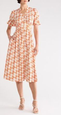 Diane Von F&uuml;rstenberg Erica Stretch Cotton Dress in Palm Geo Orange at Nordstrom Rack, Size 14