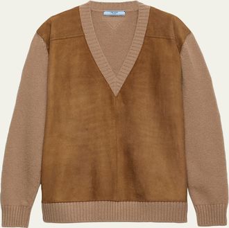 Prada Suede-Front V-Neck Cashmere Sweater