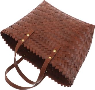 Frcolor Brown Handwoven PVC Beach Tote Bag with Faux Leather Shoulder Handle Lightweight Woven Shopping Purse for Women Vintage Bohemian Style Handbag for Tra