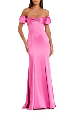 Mac Duggal Off The Shoulder Statement Bow Satin Mermaid Gown in Pink at Nordstrom, Size 14
