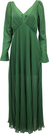 Self Portrait Pleated V-Neck Gown in Green Polyester