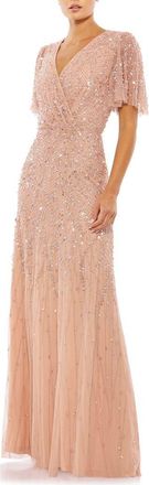 Mac Duggal Embellished Flutter Sleeve Gown in Nude at Nordstrom, Size 2