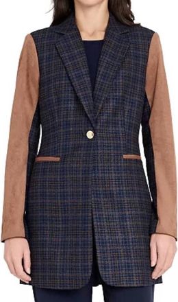 Tahari by ASL Plaid And Suede Blazer In Navy/tawny