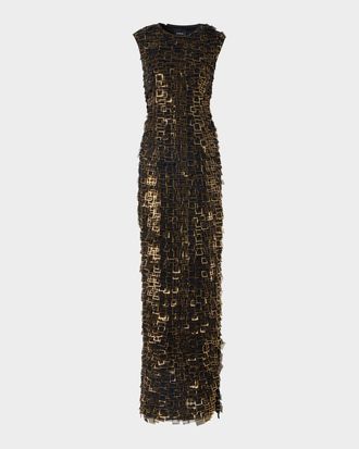 Akris Metallic Organza Tiles Sleeveless Column Gown